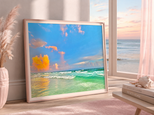 Pink Coastal Sky Wall Art, Tropical Beach Print, Matte Poster