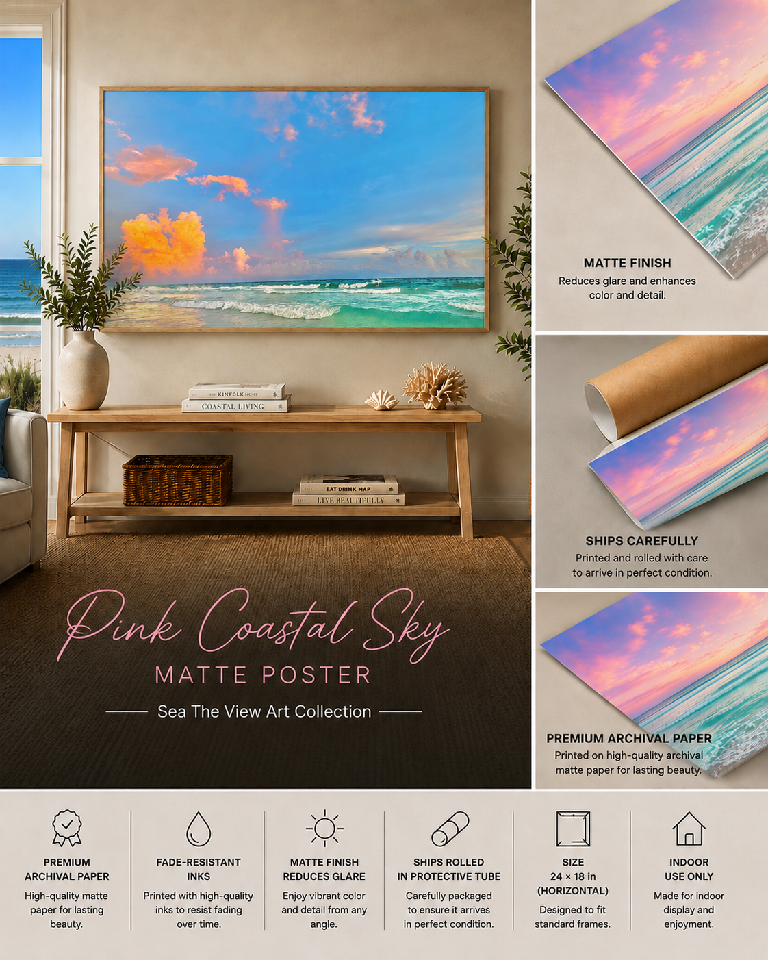 Pink Coastal Sky Wall Art, Tropical Beach Print, Matte Poster