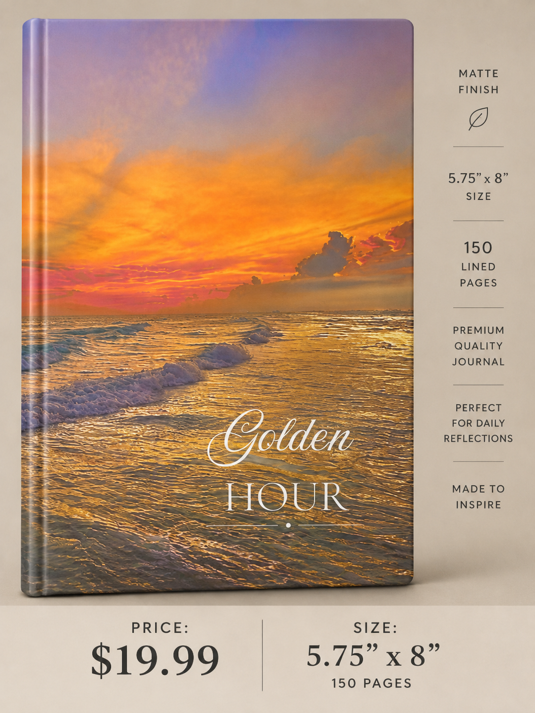 Golden Hour Beach Hardcover Journal | Sunset Ocean Reflection Notebook