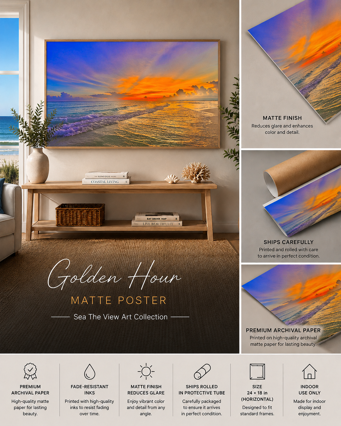 Golden Hour Coastal Wall Art, Ocean Photography Print, Matte Poster