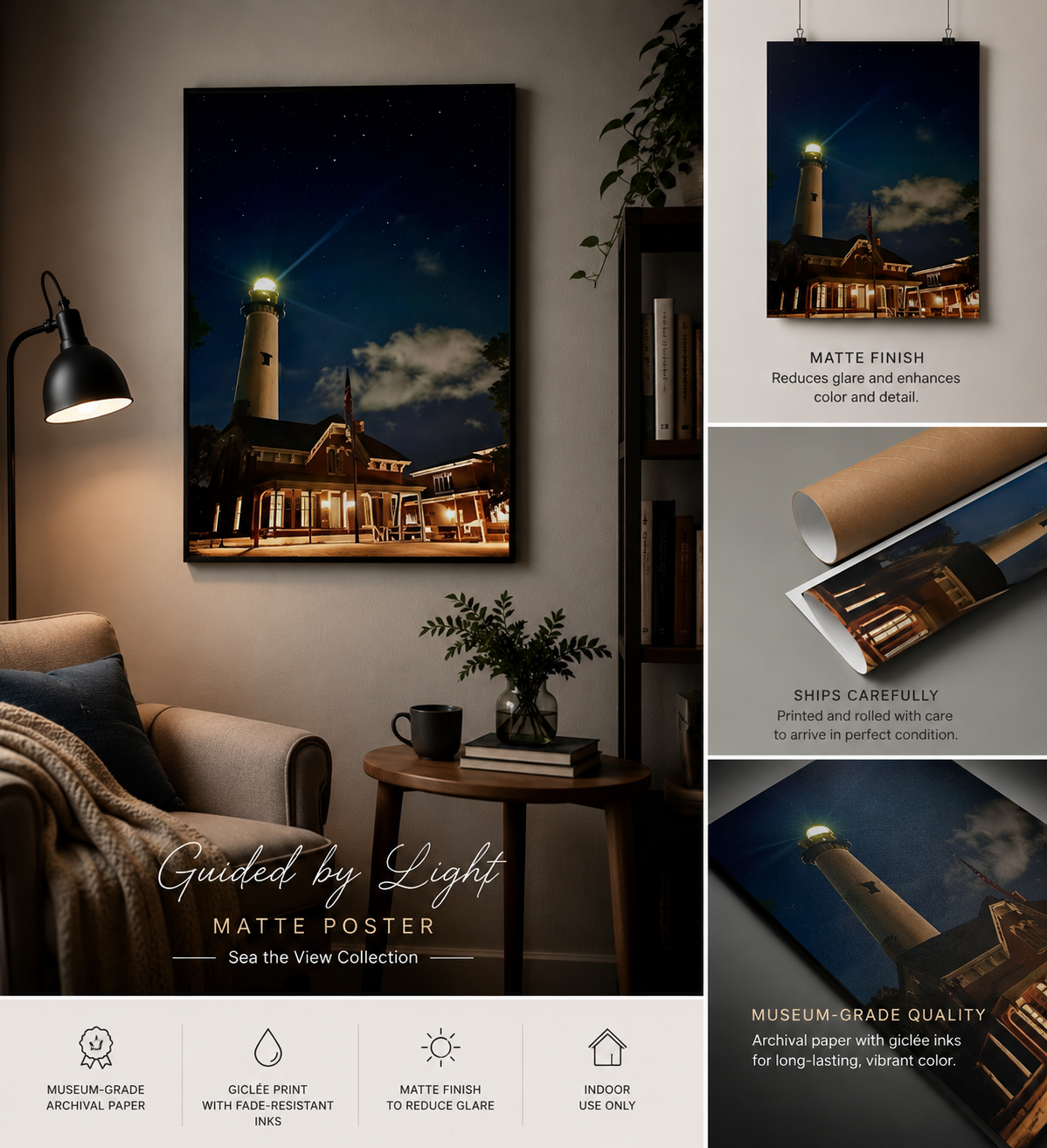 Guided by Light Lighthouse Wall Art | 18x24 Matte Poster