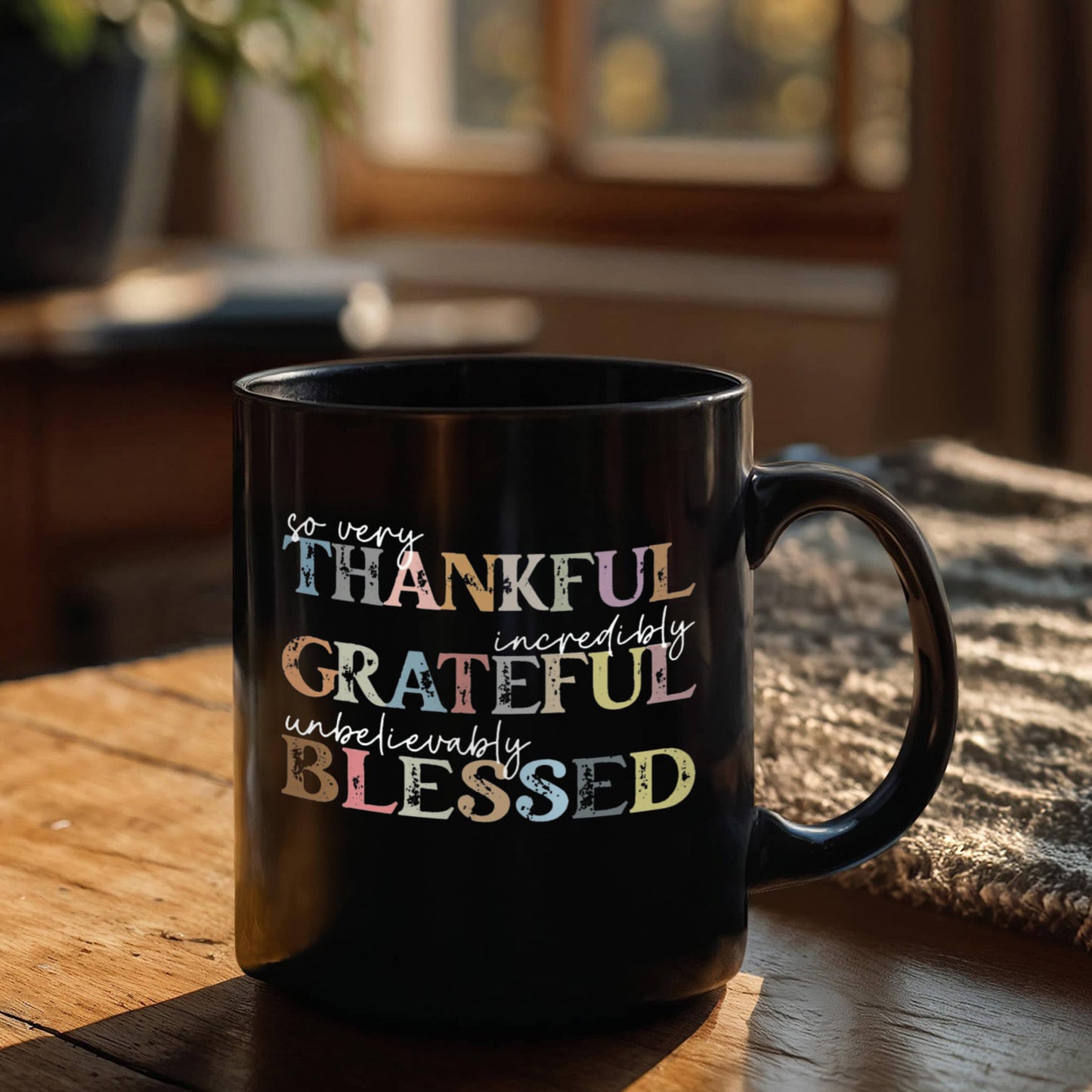 Thankful Grateful Blessed | Black Ceramic Mug