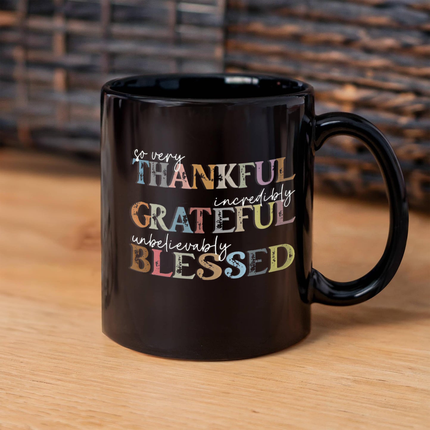 Thankful Grateful Blessed | Black Ceramic Mug