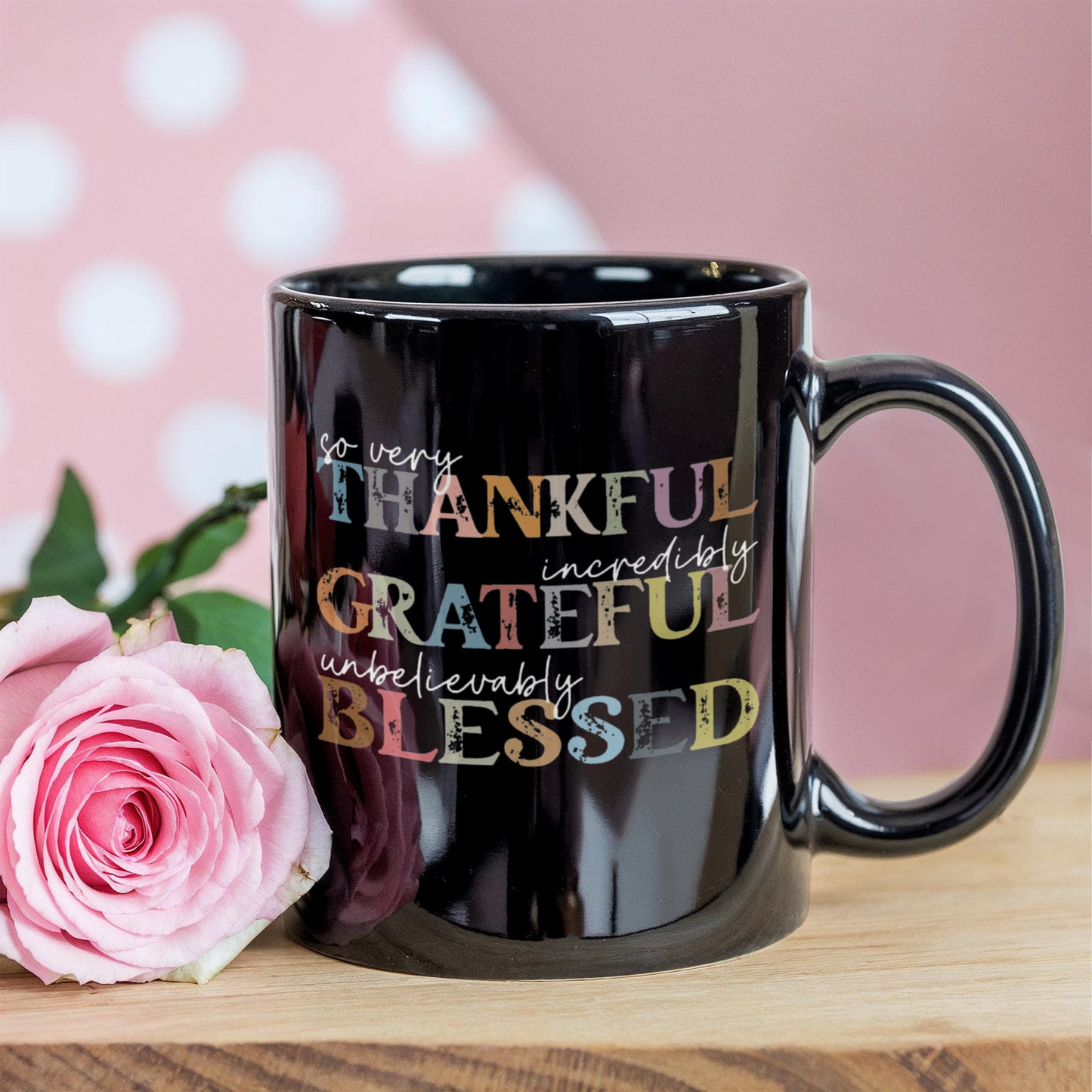Thankful Grateful Blessed | Black Ceramic Mug