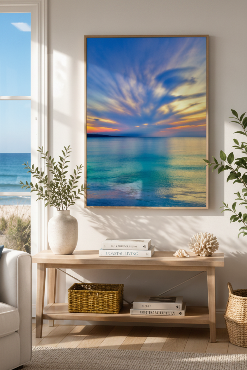 Reflections at Sunset Coastal Living Room Mockup